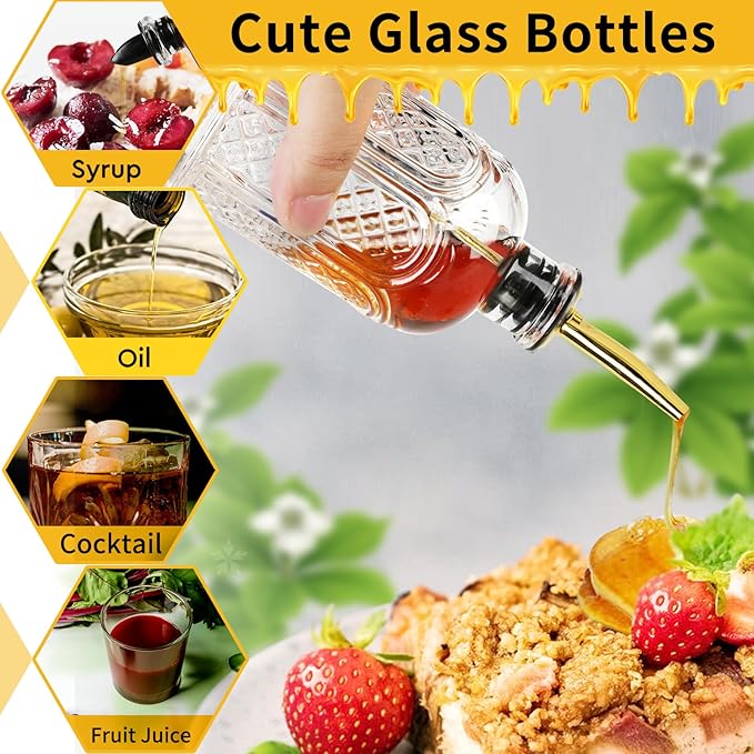 Coffee Syrup Dispenser Bottles Set 6 Pack 7 OZ, Simple Small Glass Syrup Bottles for Coffee Bar with Metal Pour Spout Ideal for Coffee Syrups, Honey