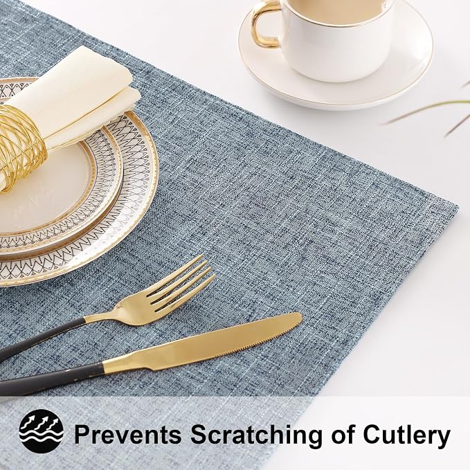 homing Faux Cotton Linen Placemats Set of 6, Cloth Washable Farmhouse Dining Table Mats for Indoors & Outdoors, Easy to Clean, Denim Blue, 13 x 19 Inch