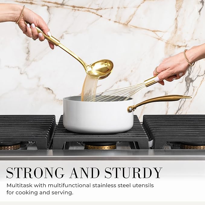 White Silicone and Gold Cooking Utensils Set with Gold Utensil Holder - 7-Piece Silicone Cooking Tools - Ideal for Nonstick Cookware and Stylish Modern Kitchens - Luxury Kitchen Accessories.