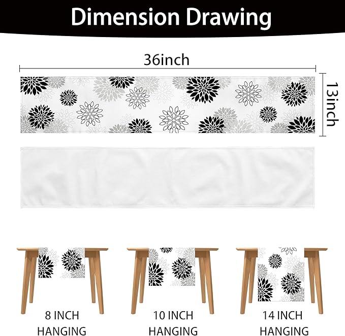 Dahlia Flower Table Runner 13x36 Inch Farmhouse Black Gray Runners Modern Table Decorations Rustic Geometric Coffee Table Runner for Home Kitchen Dining Room Party (13"x36", Dahlia Floral-Black)