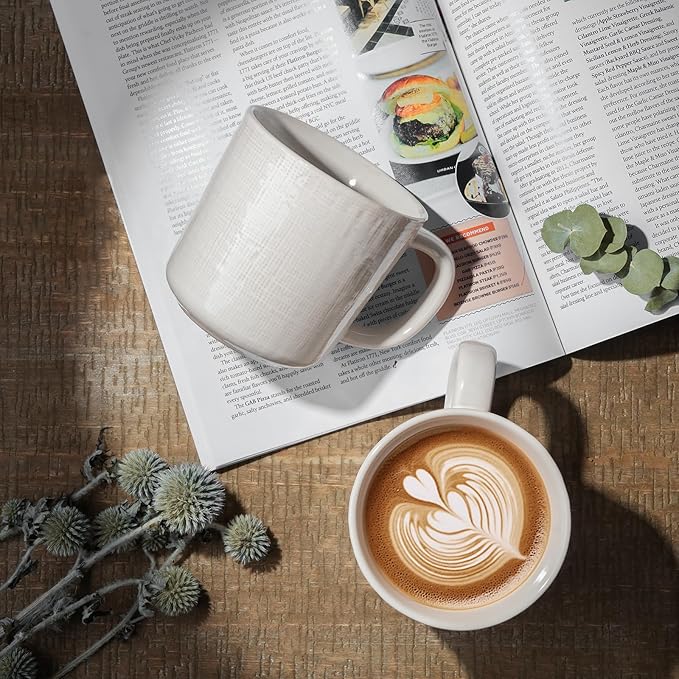 famiware Moonlight Coffee Mug Set of 4, 14oz Mug Set with Linen Finish, Coffee Cup Set with Handle for Latte, Cappuccino, Tea, Hot Cocoa, Microwave and Dishwasher Safe, White