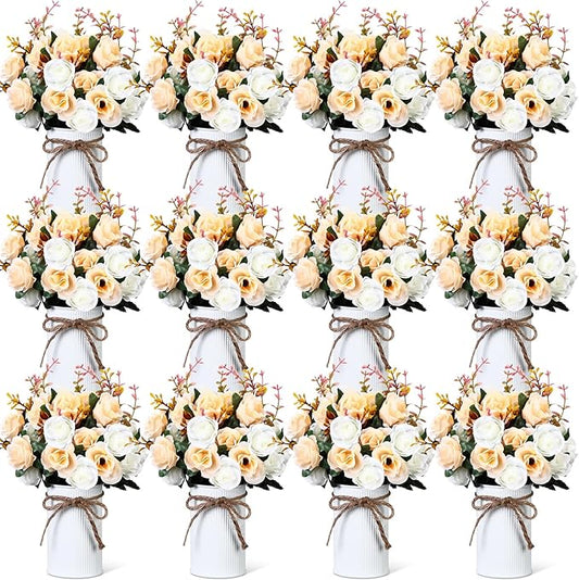 Domensi 12 Sets Wedding Centerpiece for Table Artificial Rose with Vase Fake Bouquets and Metal Pot Flower Arrangements for Bridal Shower Birthday Party Event Table Decor (Champagne Gold)