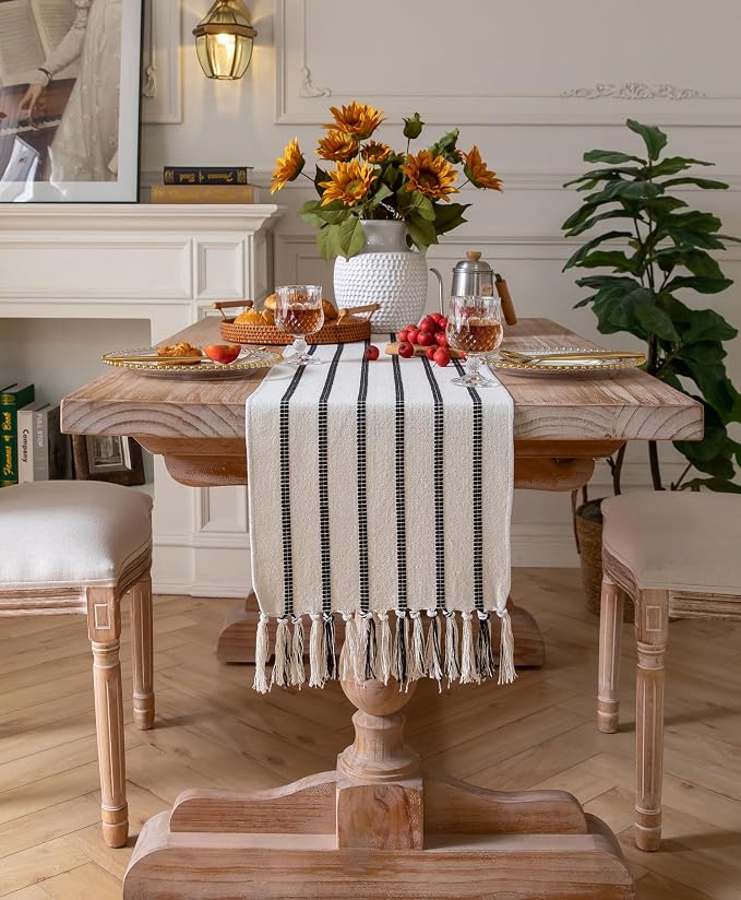 Caflife Boho Table Runner 108 Inchs Long Black and Beige, Cotton and Linen Woven with Tassels, for Modern Rustic Farmhouse Neutral Table Runners, Bohemian Kitchen Dining Table Home Decor