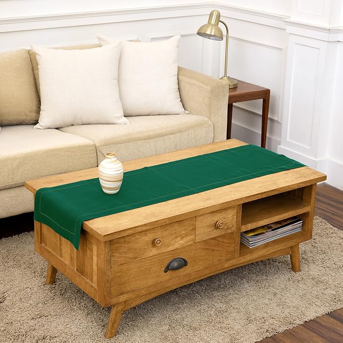 Solino Home Linen Rainforest Green Hemstitch Table Runner 60 Inches - 100% Pure Linen Small Table Runner 14 x 60 Inch Ideal for Dresser and Coffee Tables - Classic Hemstitch