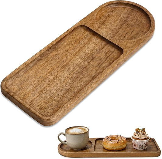 Small Wooden Tray | Acacia Wood Tray for Vanity, Bathroom Counter, Coffee Table & Toilet | Perfect for Jewelry, Remote, Snack| Mini Charcuterie Board Serving Platter (Rounded Rectangle 2-Compartment)