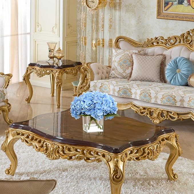 BLEUM CADE Luxury PU Fake Flowers in Vase with Faux Water, Blue Real Touch Hydrangea Artificial Flowers with Glass Vase for Office Home Dining Room Centerpiece Table Decorations