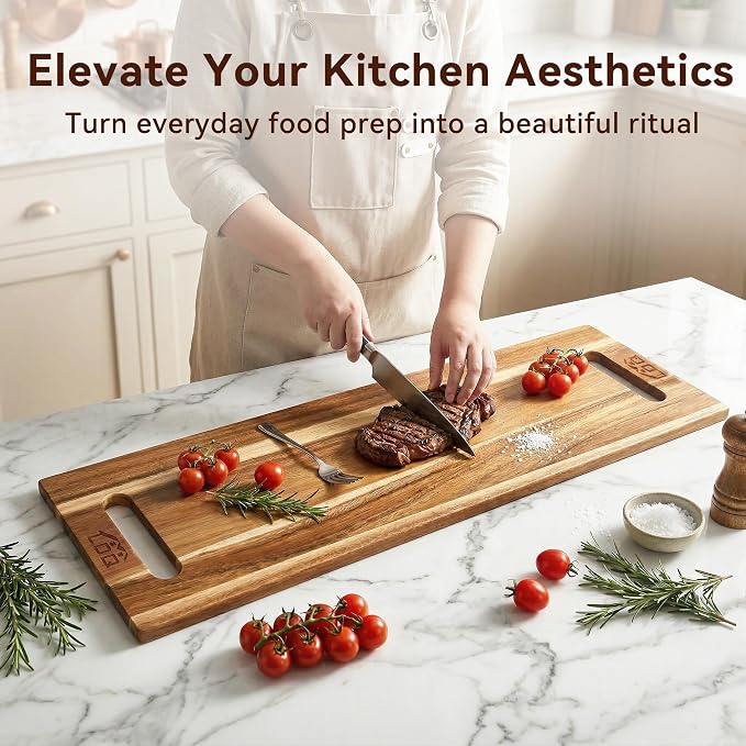 LDQ 36 Inch Extra Large Charcuterie Board, Acacia Wood Long Serving Board with Handles and 2 Stands, Rectangular Cheese Platter, Cutting Board and Serving Tray for Meat, Party Appetizers