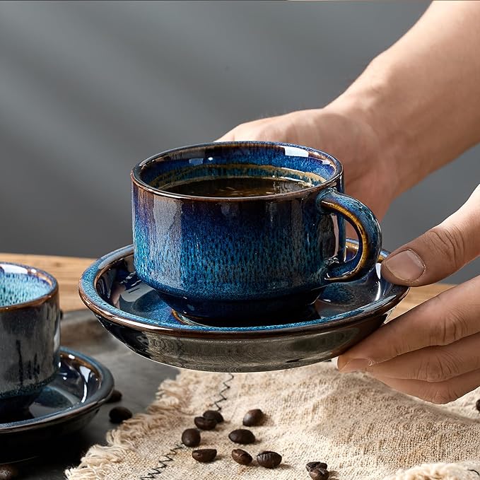 JIEMEI HOME Porcelain Stackable Cappuccino Cups with Saucers and Metal Stand, 7 Ounce Espresso Cups for Latte Coffee Cafe, Specialty Coffee Drinks, Cappuccino and Tea - Set of 4, Midnight Tide