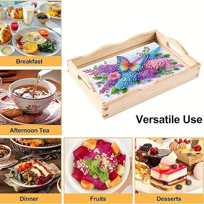 DIY Diamond Serving Tray with Handle Handmade Gem Painting Wooden Rectangular Breakfast Tray for Dinner Plate Coffee Room Living Home Organizer-Butterfly Flower