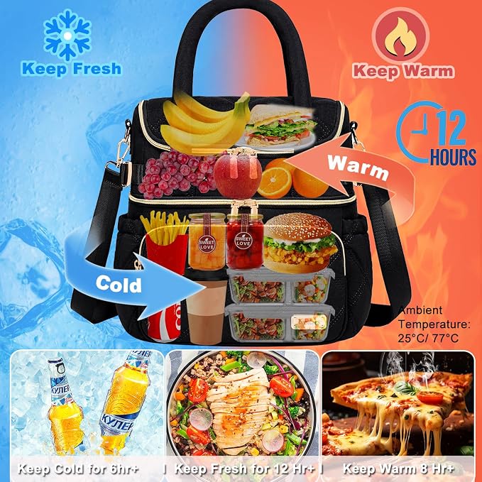 Weitars Lunch Bag for Women Men,Double Deck Lunch Box for Women,Quilted Lunch Tote for Work,Insulated Lunch Cooler Leakproof Lunchbox for Adult with Shoulder Strap &Pockets for Picnic Hiking (Black)