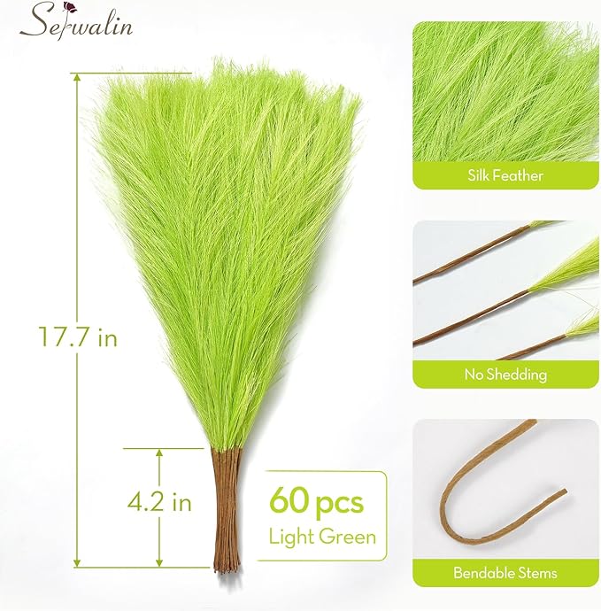 Serwalin 60PCS Pampas Grass Home Decor, 17.7Inch Light Green Faux Pampas Grass Bulk Boho Decor for Vase Filler for Home Wedding Table Centerpiece Christmas Decor
