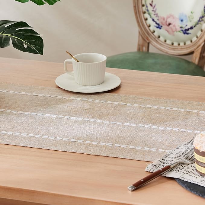 Braided Farmhouse Table Runner,Braided Taupe 13x108 Inch, Cotton Linen Table Runners 108 Inches Long, Embroidered Striped Taupe Boho Table Runner Rustic Home Decor