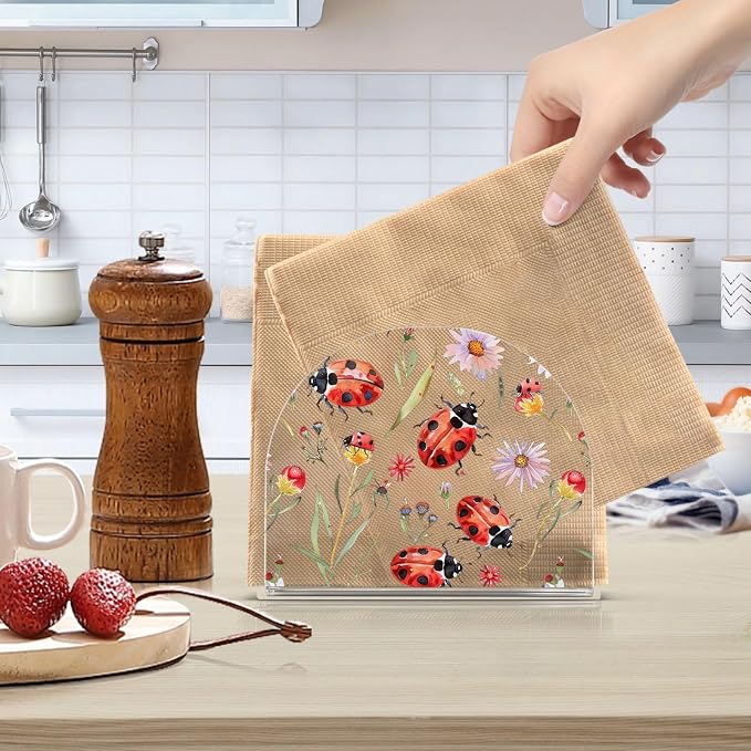 Fustylead Floral Ladybug Napkin Holder for Table Acrylic Vertical Napkin Holders for Paper Napkins Red Ladybugs&Daisies Decorative Napkin Dispenser for Home Party Dining Cocktail Kitchen Accessories