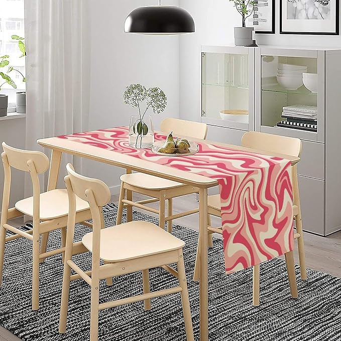 Aesthetic 70S Pink Table Runner Mid Century Abstract Wavy Swirl Cute Retro Boho Groovy Dinner Runner for Farmhouse Country Home Kitchen Dining Table Party 13x36in