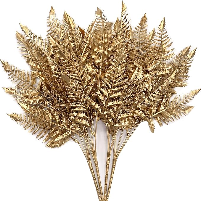CATTREE Artificial Plants Christmas Decoration, Plastic Golden Boston Plant Fake Simulation Fern Leaves for Wedding Bridal Bouquet Party Indoor DIY Home Office Table Centerpieces Decor - Gold 4 Pack