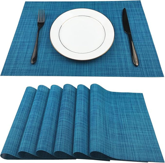 WAZAIGUR Placemats,Easy to Clean Crisscross Woven Vinyl Place Mats Durable Non-Slip Heat Resistant Table Mats,Placemats for Kitchen Table Set of 6,Blue