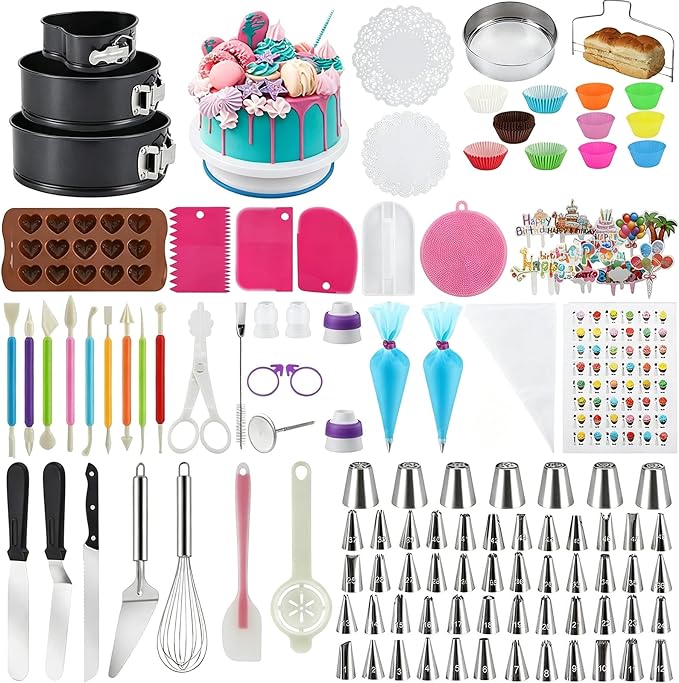 Cake Decorating Kit with Rotating Turntable, Non-Stick Cake Pans, Piping Tips, Spatulas, Scrapers & Silicone Cupcake Liners - Complete Baking Supplies for Beginners & Home Bakers 512PCS