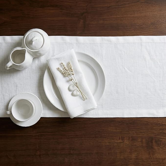 Solino Home Linen White Table Runner 60 Inches - 100% Pure Linen Small Table Runner 14 x 60 Inch Ideal for Dresser and Coffee Tables - Spring, Summer, 4th of July - Diana Medium Weight