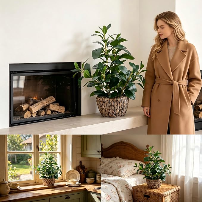 AlphaAcc 18.8 Inch Artificial Ficus Plant Indoor Faux Greenery Potted in Rattan Woven Basket Planter with Decorative Pebbles Realistic Fake Plant for Home Living Room Office Table Desk Shelf Decor