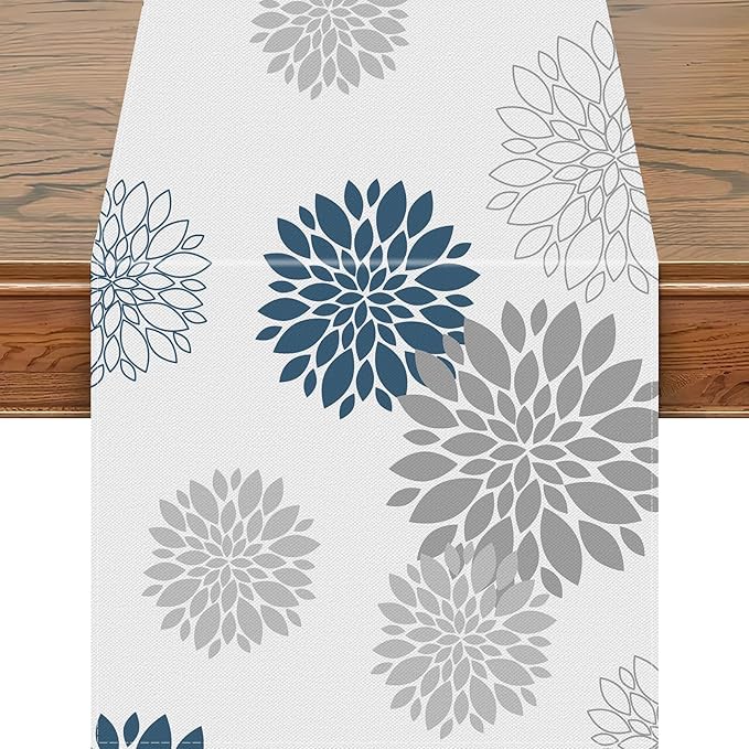 Snycler 13x48 Inch Table Runner Blue Grey Dahlia Pinnata Flower Table Runners Modern Elegant Pompon Farmhouse Geometric Table Center White Linen Decor for Home Dining Party Entrance