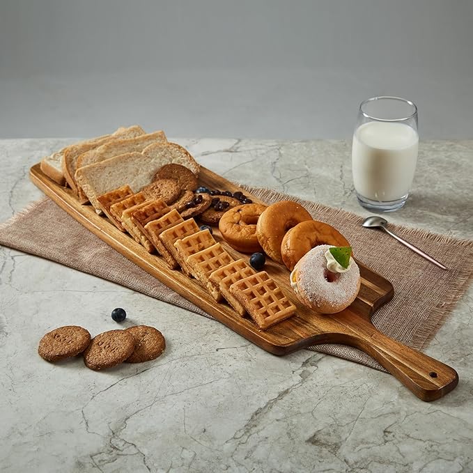 Acacia Wood Cutting Board and Large Charcuterie Board with Handle - Long Serving Board for Veggies, Bread, Cheese Board, Appetizers, and Picnic Celebrations, 24x7 Inch