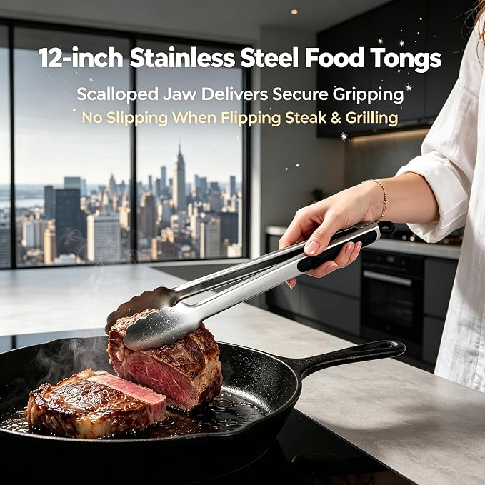 Grill Tongs, BBQ tongs - 12" & 17" Extra Long Kitchen Tong, 600 Degrees Heat Resistant Stainless Steel tong, Heavy Duty Metal Locking Tongs for Cooking, Grilling, Outdoor Barbecue, Set of 2