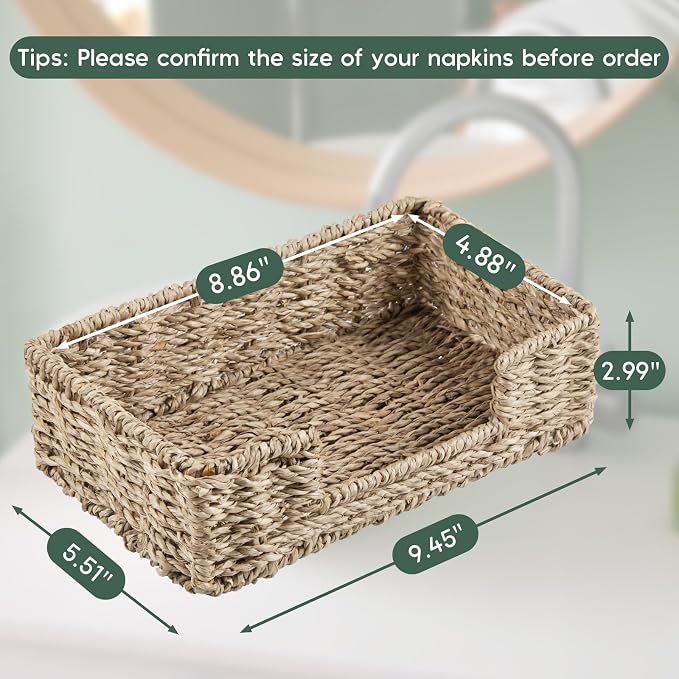 Napkin Holder for Bathroom, Woven Wicker Seagrass Guest Towel Holder Tray, Disposable Paper Hand Towel Holder for Bathroom Accessories, Dinner Napkin Holder for Kitchen Table Party