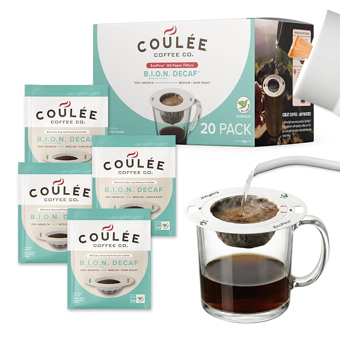 EcoPour B.I.O.N. Coffee, Single Serve Pour Over Decaffeinated Coffee, for Camping or Traveling, Pre Filled Compostable, All Paper Filters, Ready to Brew with Hot Water, 20 Pack