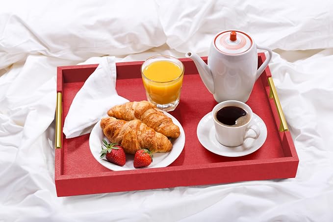 ATZYmolin 17"" x 12"" Wood Serving Tray with Gold Polished Metal Handles, Home Decorative Wooden Rectangle Ottoman Leather Decor Platter Bathroom Vanity Tray for All Occasions Red