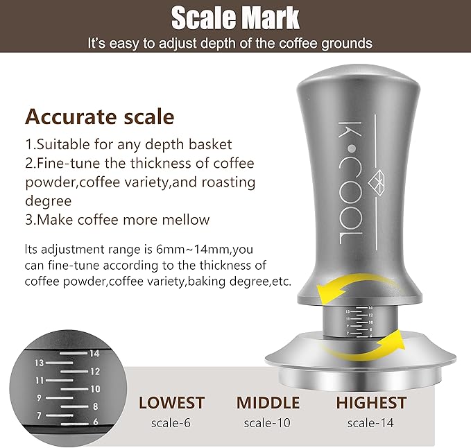 K COOL Espresso Tamper, Coffee Tamper, Premium Barista Tools Tamper with Calibrated Spring 30lb, 100% Stainless Steel Flat Base Tamper with Scale Mark for Espresso Coffee Machine (53mm, Silver)