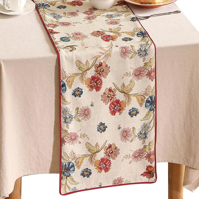 patdrea Designer Farmhouse Linen Thick Table Runner, Rustic Cottage Beige with Floral Pattern Fabric Table Mat, Decoration for Kitchen Dining Coffee Table Banquet Christmas , 12"*102"