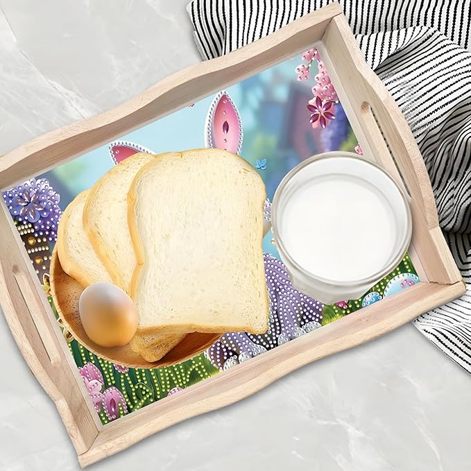 BAYUNOE 2Pcs DIY Diamond Serving Tray Rectangular Breakfast Tray with Handle Handmade Diamond Art Painting Wooden Tray Spring Creative Dinner Plate Coffee Room Living Home Organizer-03