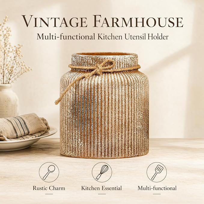 Utensil Holder, Farmhouse Vase,Ceramic Vintage Rustic Terracotta Vase, 7.1 Inch for Home Decor, Living Room, Bookshelf, Bedroom, Bathroom, Kitchen,Ideal for Modern Home Decor,Rust