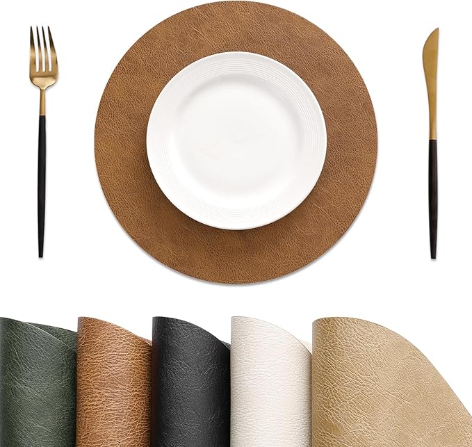 MOSAYT 13 Inch Round Vinyl Placemats Set of 8 - Faux Leather 100% Waterproof Oil-Proof Wipeable PU Place Mats, Heat Resistant Reversible Table Mats for Kitchen, Dining, Outdoor, Reddish Brown