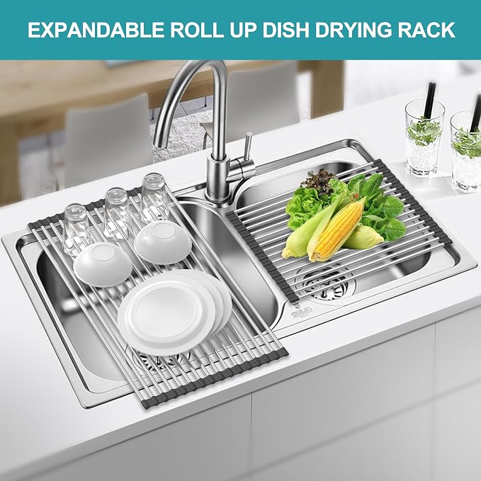 Extra Large Expandable Roll Up Dish Drying Rack,Over The Sink Drying Rack Sink Cover Kitchen Sink Accessories Kitchen Rolling up Stainless Steel Drainer, Foldable,Rollable（Black，22.8''-12.4''）