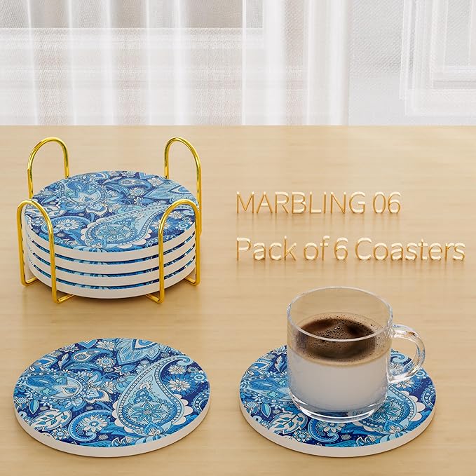 6Pcs/Set Marble Abstract Ceramic Coasters with Holder, Absorbent Drink Coasters, Coffee Cup Coaster,Round Ceramic Table Coasters Set Decorative