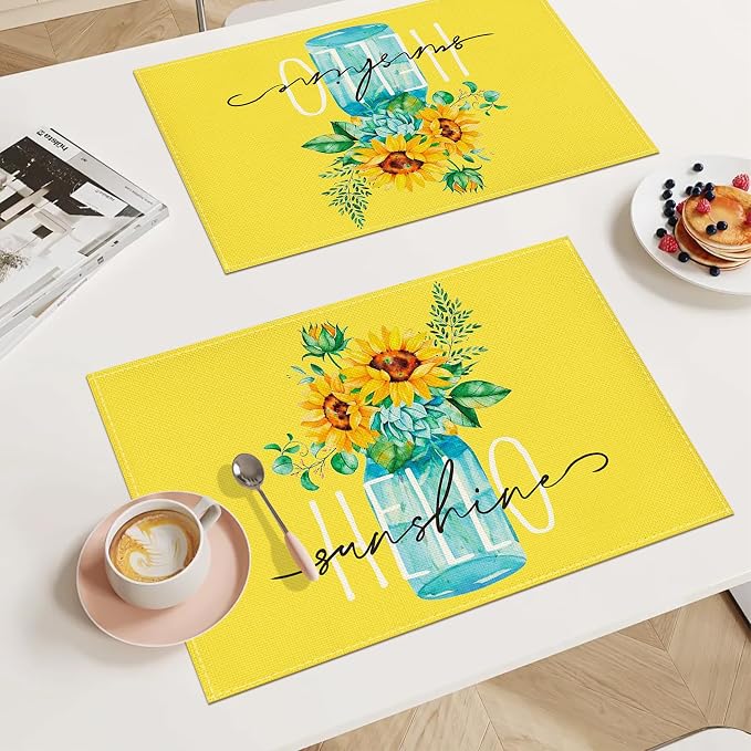 Bloss Yellow Hello Sunshine Sunflower Summer Placemats Set of 4, 12 x 18 Inch Spring Seasonal Holiday Decoration Rustic Vintage Washable Table Mats, Placemats for Dining Table