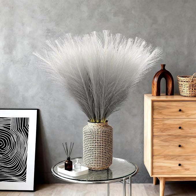 TORONTOKYO Gradient Grey Pampas Grass Decor, 50Pcs 21.6 inch Artificial Faux Pompas Grass Small Fluffy Arrangement for Wedding Boho Home Decor Vase Filler