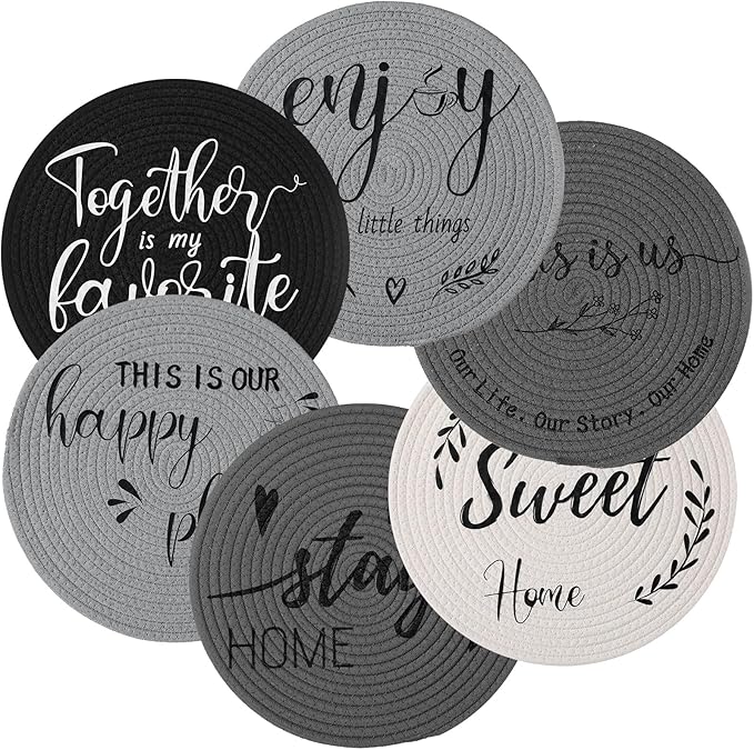 13 Inch Round Cotton Placemat Set of 6 Woven Boho Coasters Table Mats Dining Table Setting Decor Washable Heat Resistant Farmhouse Circle Place Mats for Home Accessories(Grey, Black)