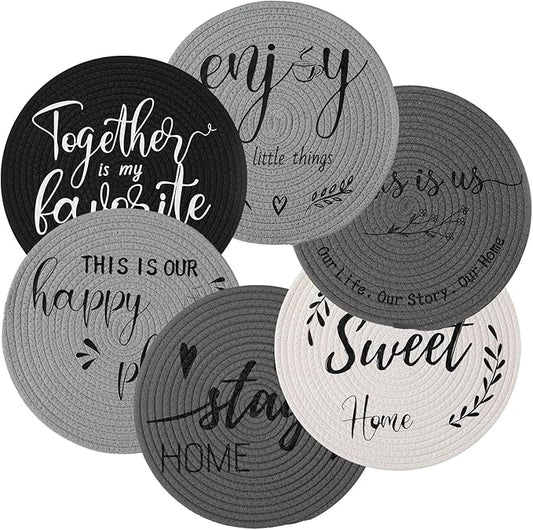 13 Inch Round Cotton Placemat Set of 6 Woven Boho Coasters Table Mats Dining Table Setting Decor Washable Heat Resistant Farmhouse Circle Place Mats for Home Accessories(Grey, Black)