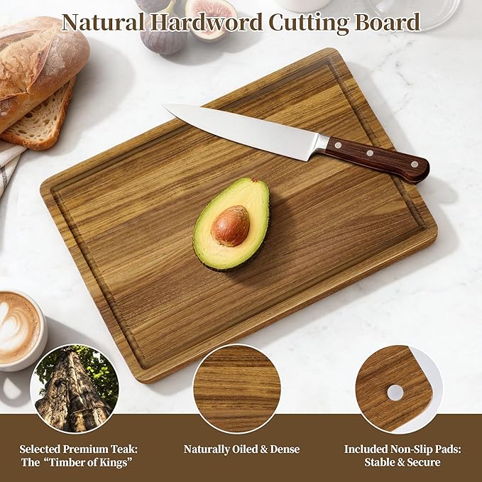 Teak Cutting Board for Kitchen - Solid Teak Wood Chopping Board with Handle & Juice Groove, Heavy-Duty Hardwood Cutting Boards Wooden Butcher Block for Meat, Fish, Vegetables, Fruits