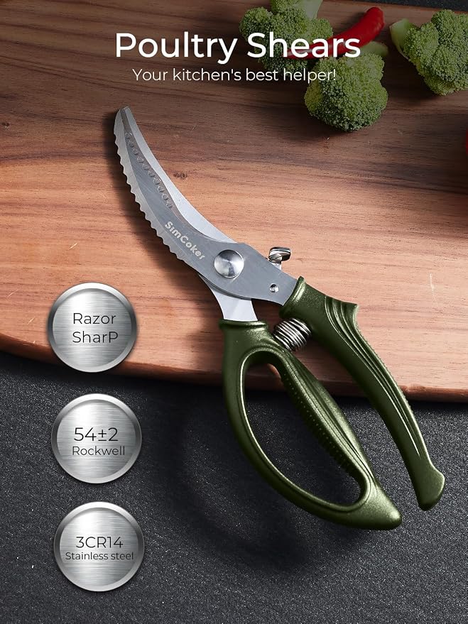 Poultry Shears, Heavy Duty Kitchen Shears With Anti-Slip Handle & Safety Lock, Poultry Scissors for Meat, Chicken, Bone,Turkey, Fish, Spring Loaded, Dishwasher Safe(Olive Green)
