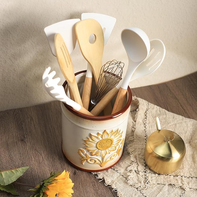 Retro Ceramic Sunflower Embossed Pattern Kitchen Utensil Holder, Large Cooking Utensil Crocks for Kitchen Countertop, Sunflower Utensil Organizer