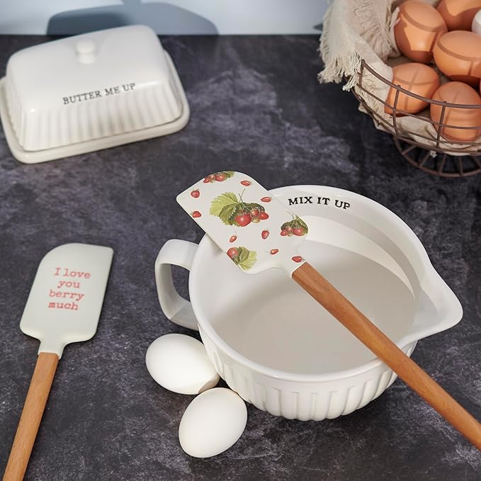 Primitives by Kathy double-sided silicone novelty cooking spatula, Berry Much/Garden Collection/vintage art of wild strawberries on front/punny sentiment on back "I Love You Berry Much."