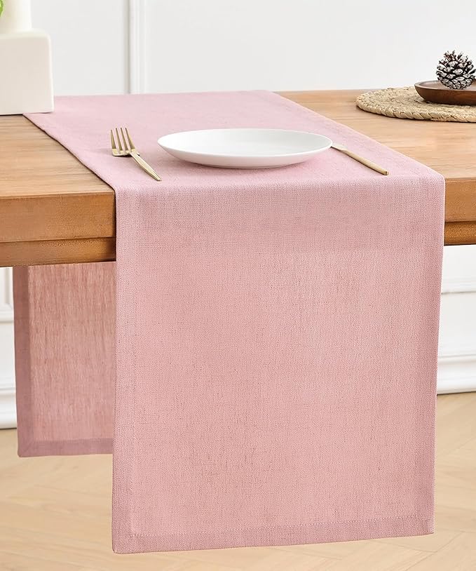 Wracra Linen Style Table Runner, Rustic Farmhouse Pink Table Runners 36 Inches Long, Handcrafted Table Runner for Fall, Winter - Everyday Use and Machine Washable