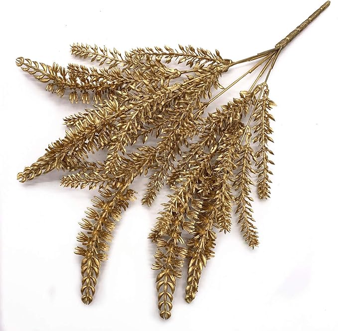 CATTREE Christmas Artificial Golden Plants, Plastic Grass Faux Shrubs Fake Lavender Leaves Simulation Wheat Ears Bushes Home Indoor Wedding Party Decoration Hall Table Planter Filler - Gold 4 Pack