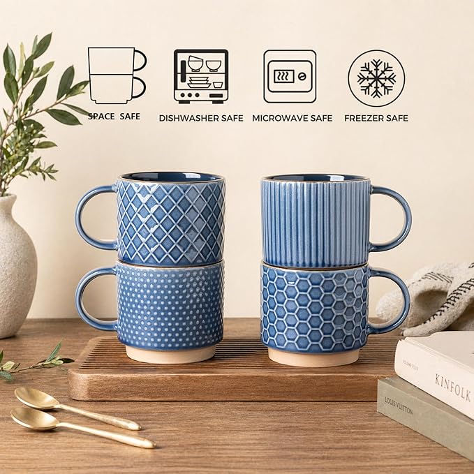 GBHOME 12 OZ Stackable Coffee Mugs, Ceramic Coffee Mugs with Texture Patterns for Man,Woman,Dad,Mom, Modern Coffee Cups Set of 4 for Latte/Cappuccino/Cocoa. Dishwasher&Microwave Safe