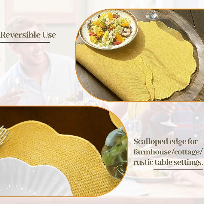 AHHFSMEI Round Faux Linen Placemats Set of 6 Heat Resistant Non-Slip Stain Proof Table Mats for Kitchen Dining Elegant Decor Place Mats (Yellow,6)