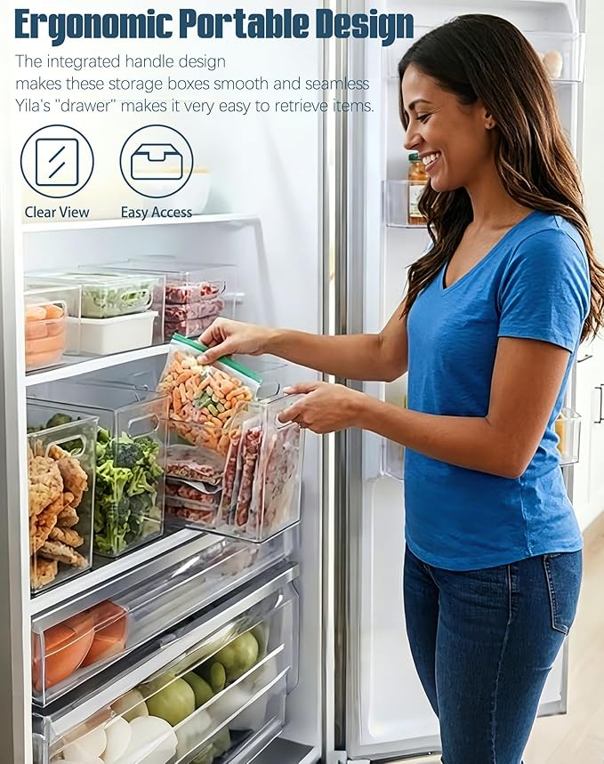 Crystal Clear Freezer Storage Bins - 2026 New Clear Plastic Bins for Refrigerator and Pantry, Stackable Kitchen Cabinet Organizer with Handles for Frozen Food, Meat & Veggies (White * 4L)