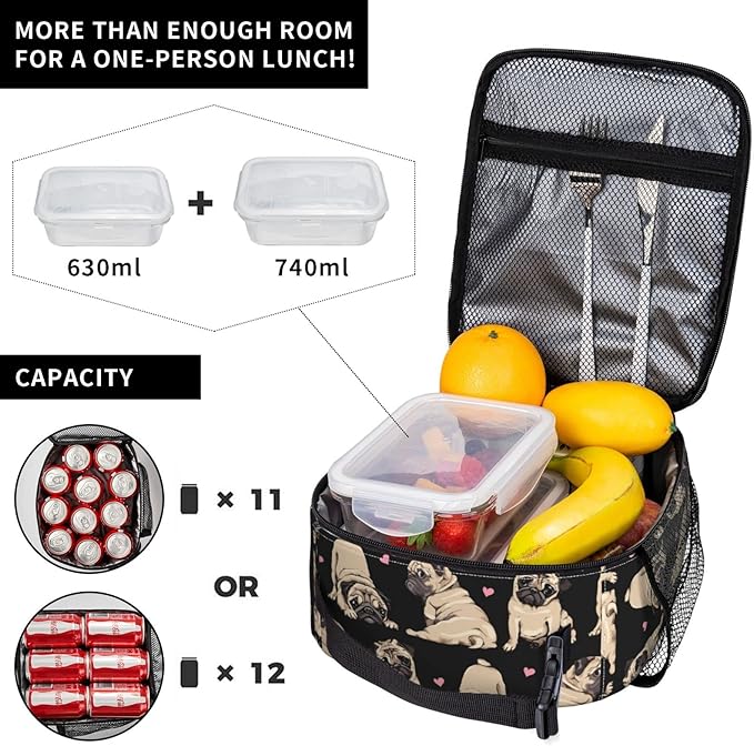 Gianlaima Pug Cute Black Cool Fuuny puppy Dog Love Insulated Lunch Box For Women Man, Portable Lunch Bag Reusable Cooler Tote For Office Work Travel Picnic Camping Beach